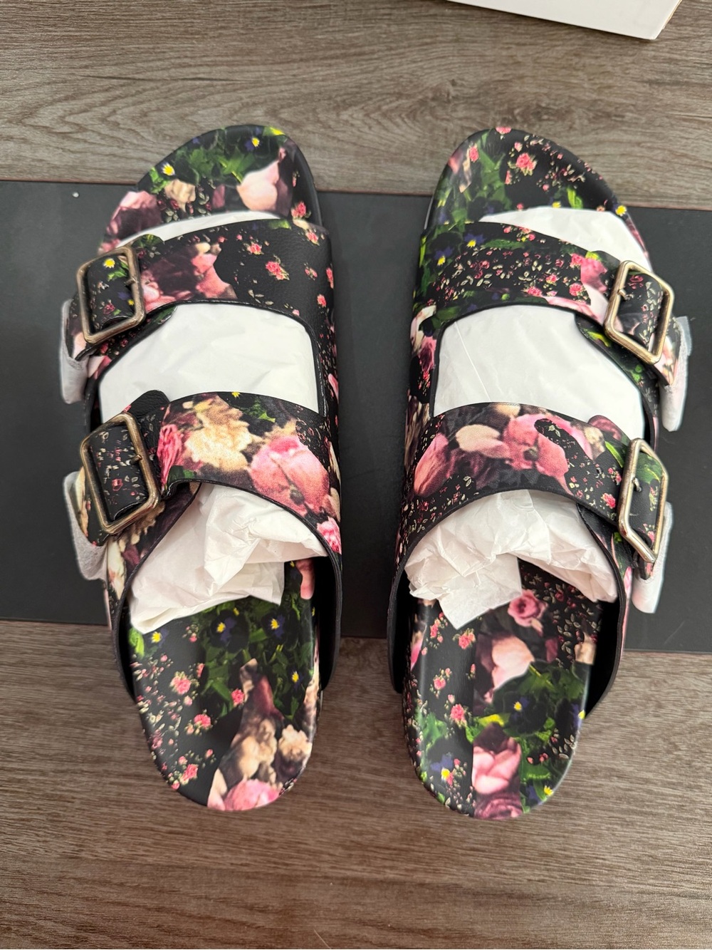 Black Leather Floral Print Slip-On Sandals